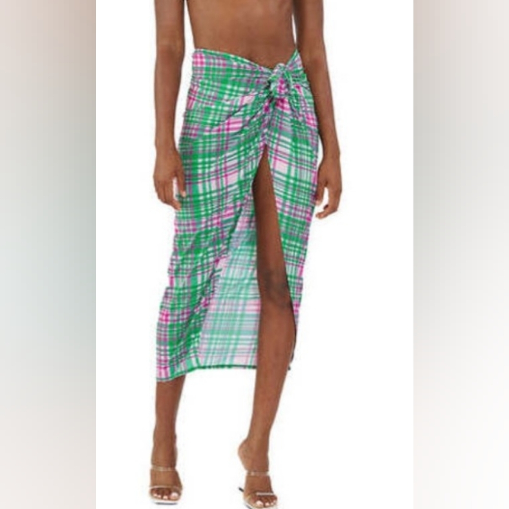 NWT Plush Apparel Plaid Green and Pink Swim Sarong Sz Sm